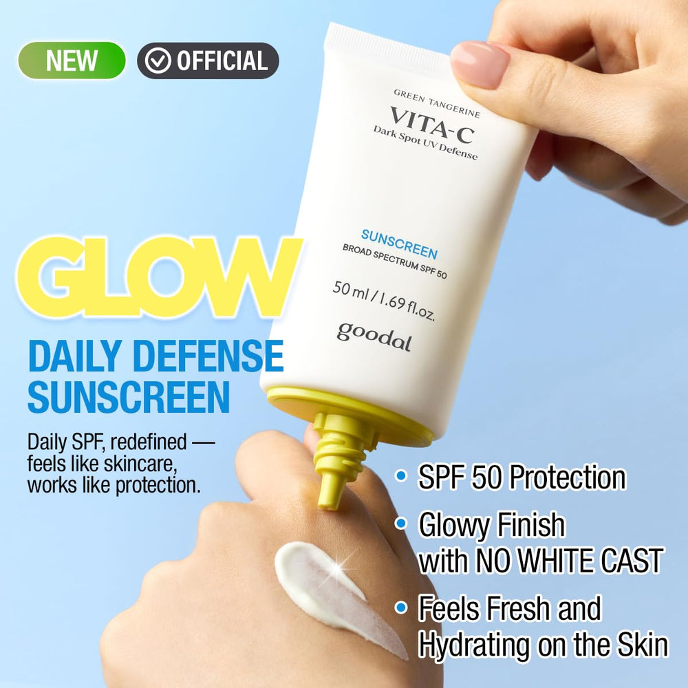 GOODAL packaging box highlights SPF 50 and vegan formula benefits.