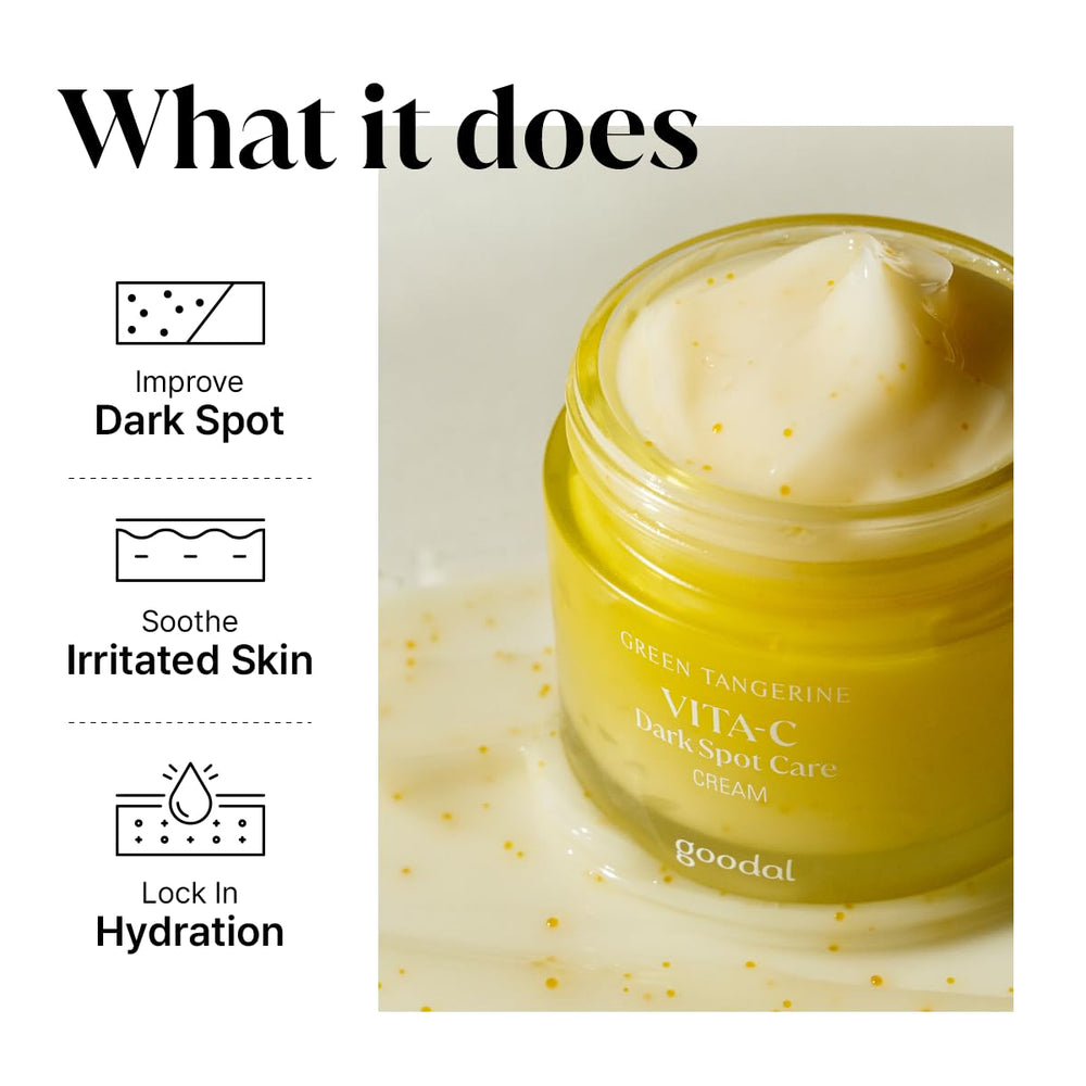 GOODAL Green Tangerine Vitamin C Cream jar and cap emphasizing soothing, non-irritating formula