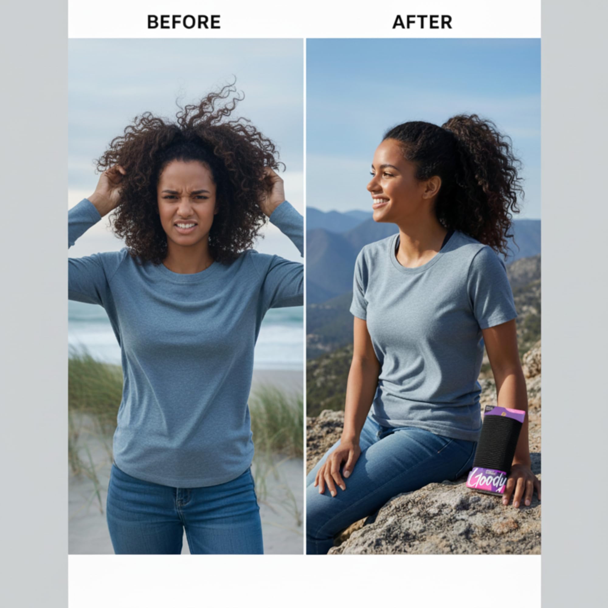 Goody hair tie securing high ponytail for secure no-pull hold