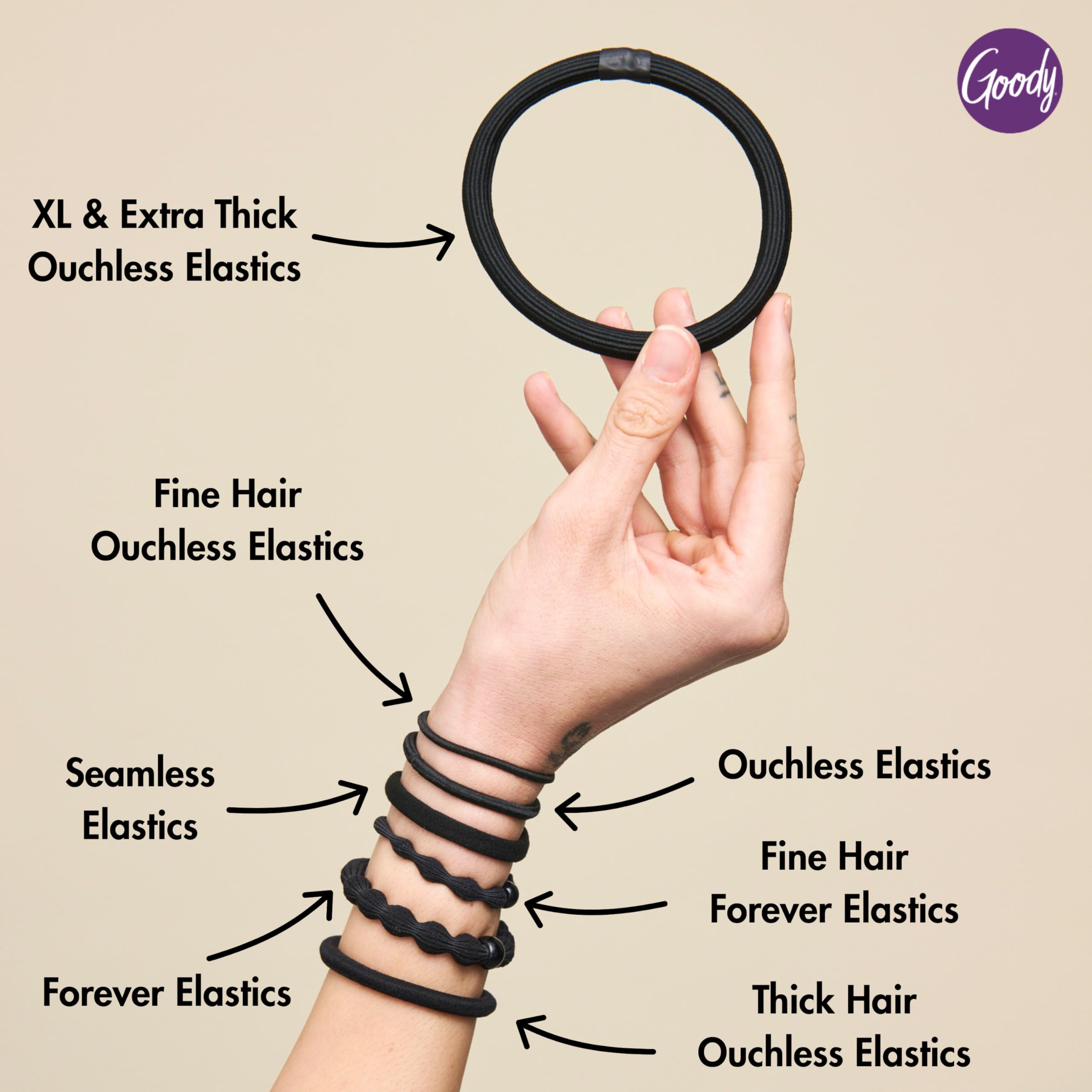 Goody tie wrapped multiple times on thick hair for strong hold