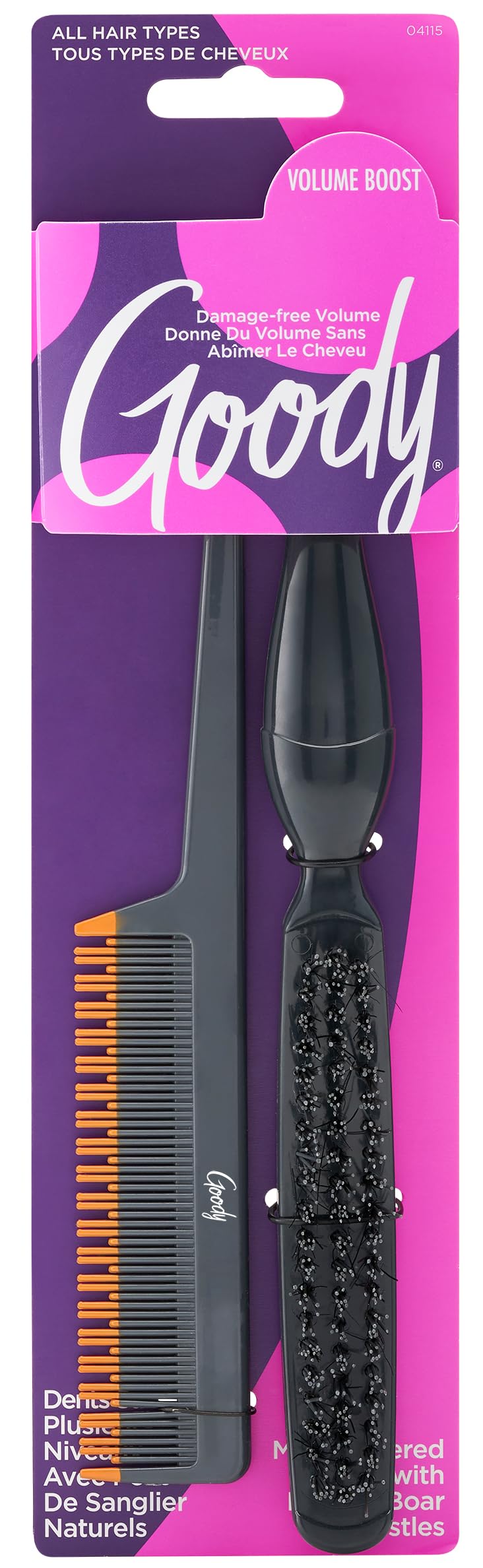 Goody Volume Boost Teasing Brush close-up shows boar bristles for gentle lift and texture