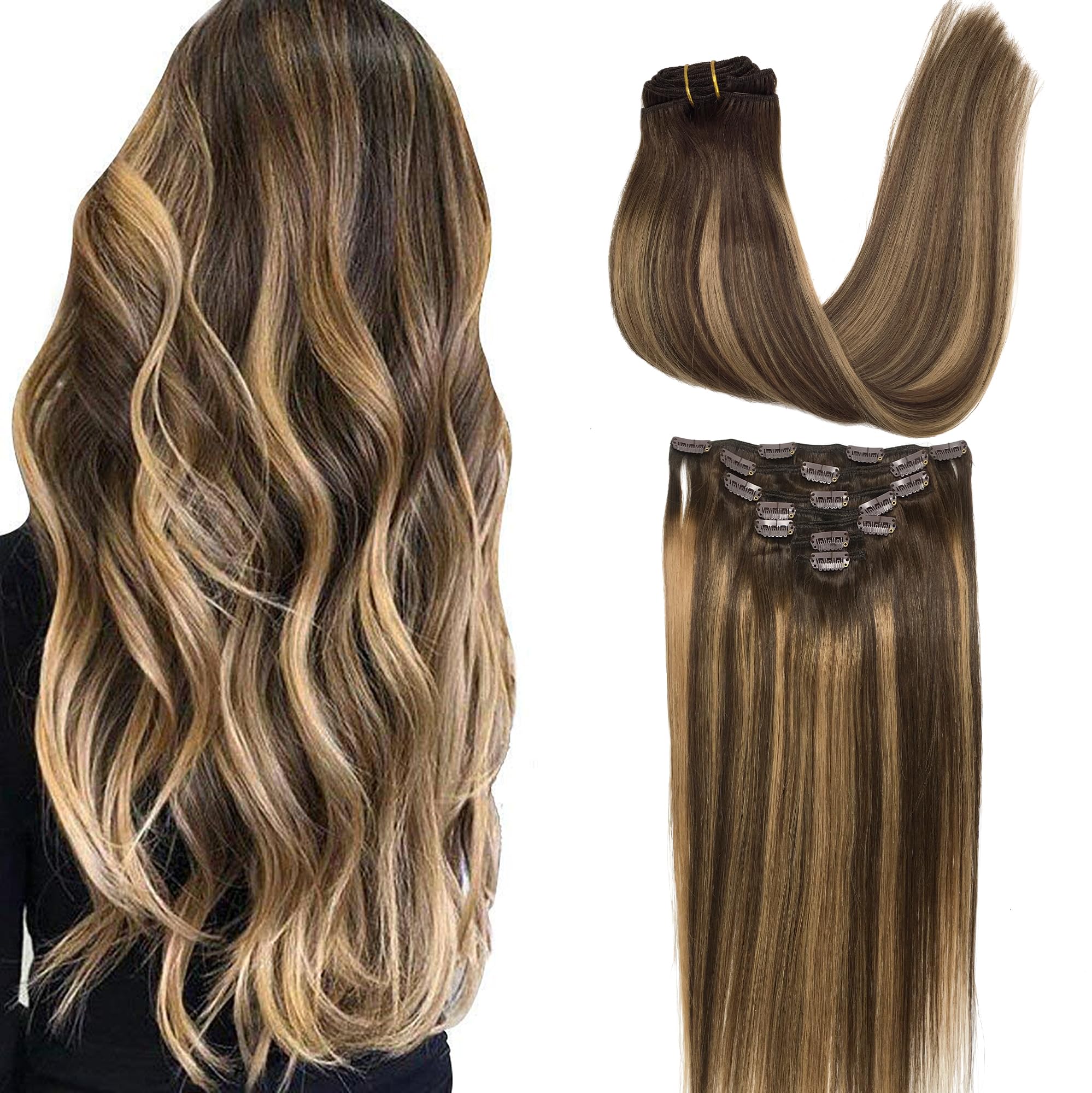 GOO GOO clip-in extensions in 16in Remy hair for seamless volume.