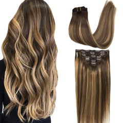 GOO GOO clip-in extensions in 16in Remy hair for seamless volume.
