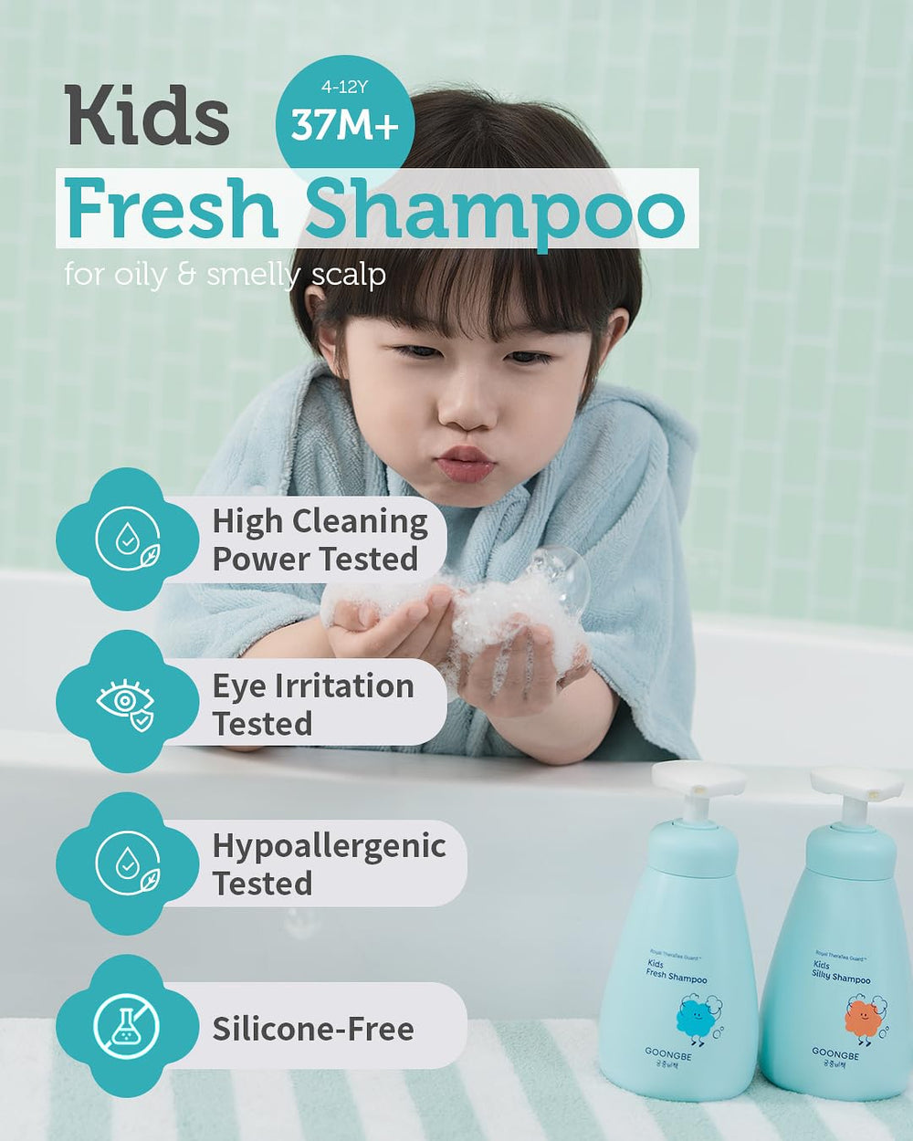 GOONGBE Kids' Fresh Shampoo foaming lather demonstrates easy, thorough cleansing for kids