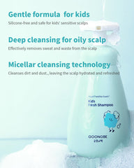 GOONGBE Kids' Fresh Shampoo label closeup emphasizes a low-pH and silicone-free formula