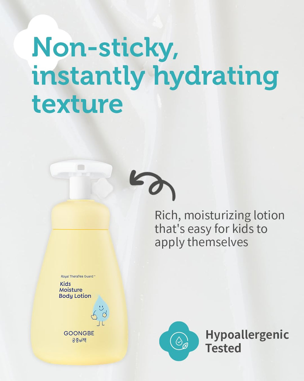 GOONGBE Kids Moisture Body Lotion Centella Squalane ingredients highlighted for skin protection.