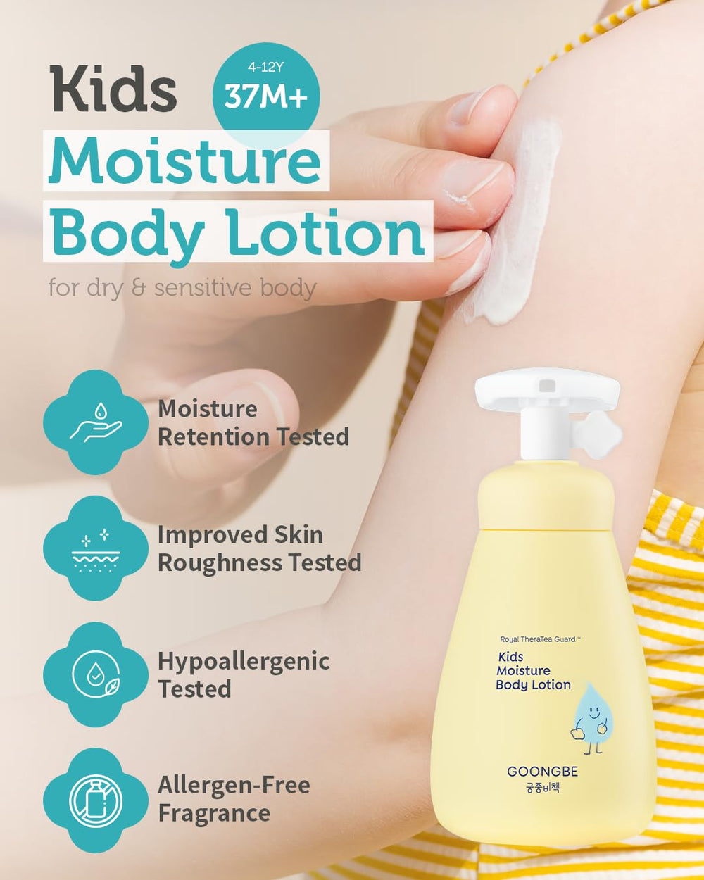GOONGBE Kids Moisture Body Lotion cream texture closeup demonstrates lightweight absorption.