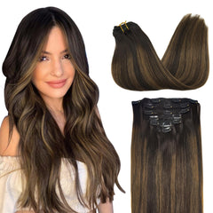 GOO GOO clip-in extensions in balayage blend for natural volume.