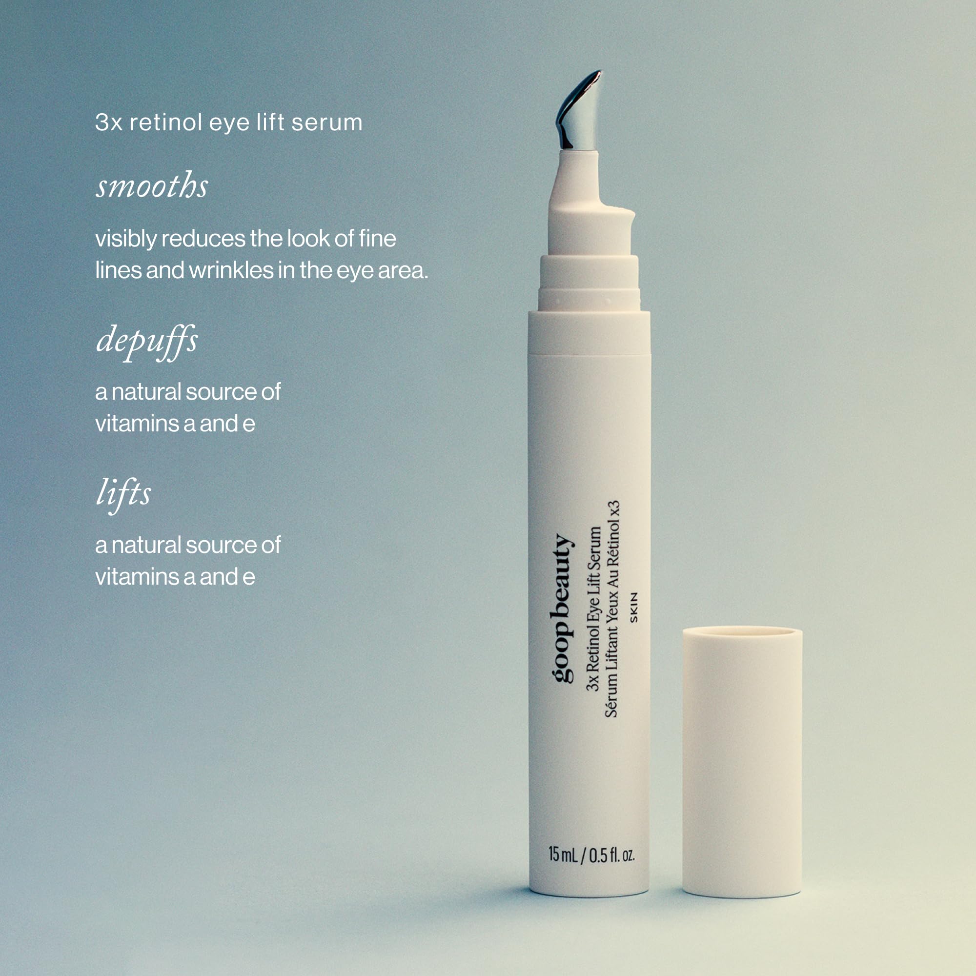 Goop Beauty 3x Retinol Eye Lift Serum application roller demonstrates easy night application.