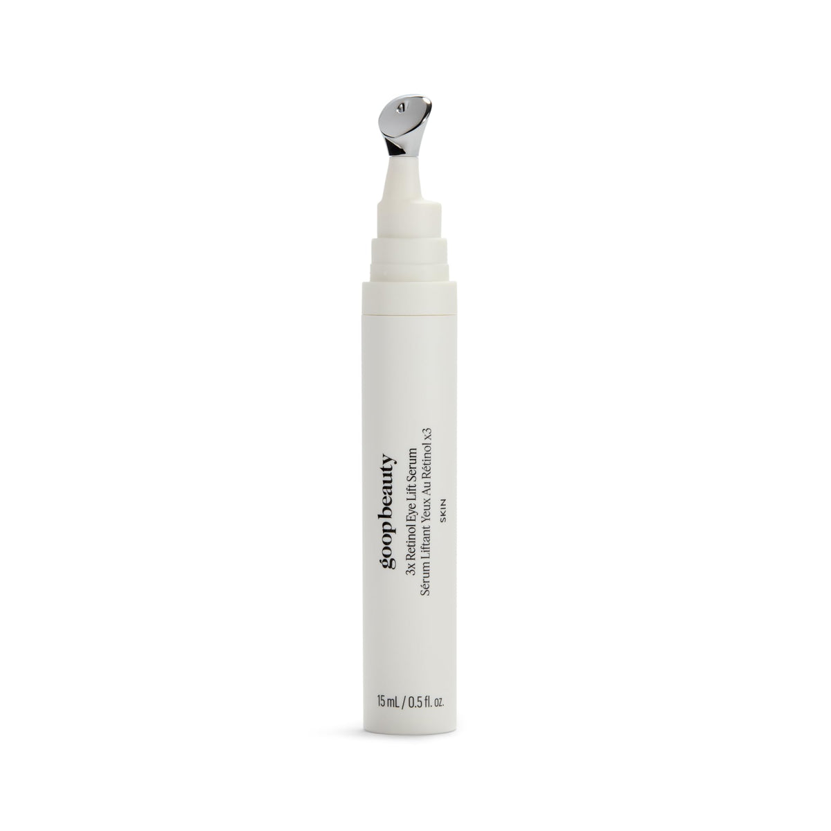 Goop Beauty 3x Retinol Eye Lift Serum bottle closeup highlighting renewal for delicate under-eye skin.