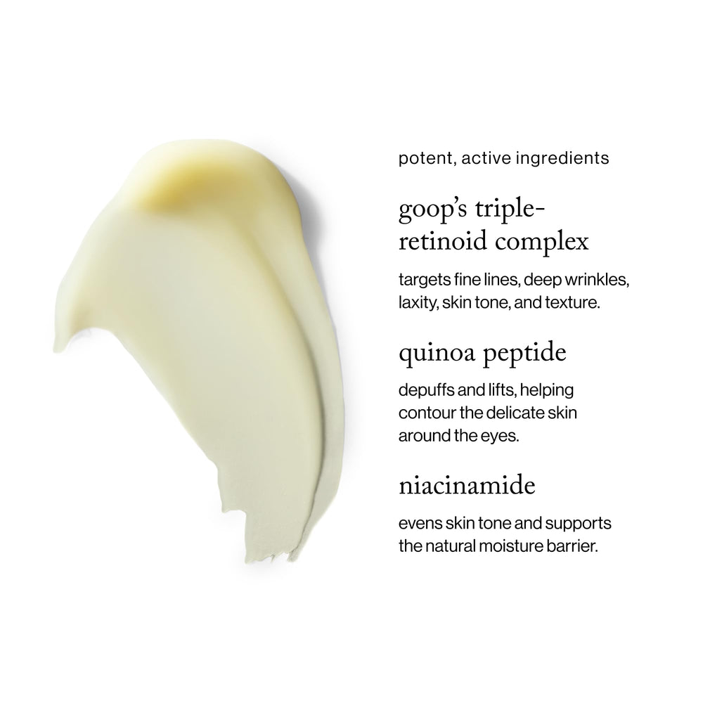Goop Beauty 3x Retinol Eye Lift Serum jar label with key benefits at a glance.