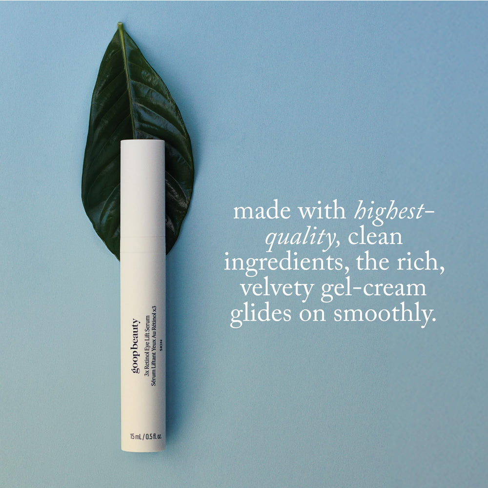 Goop Beauty 3x Retinol Eye Lift Serum jar label detail highlighting encapsulated retinoids for gentle smoothing.