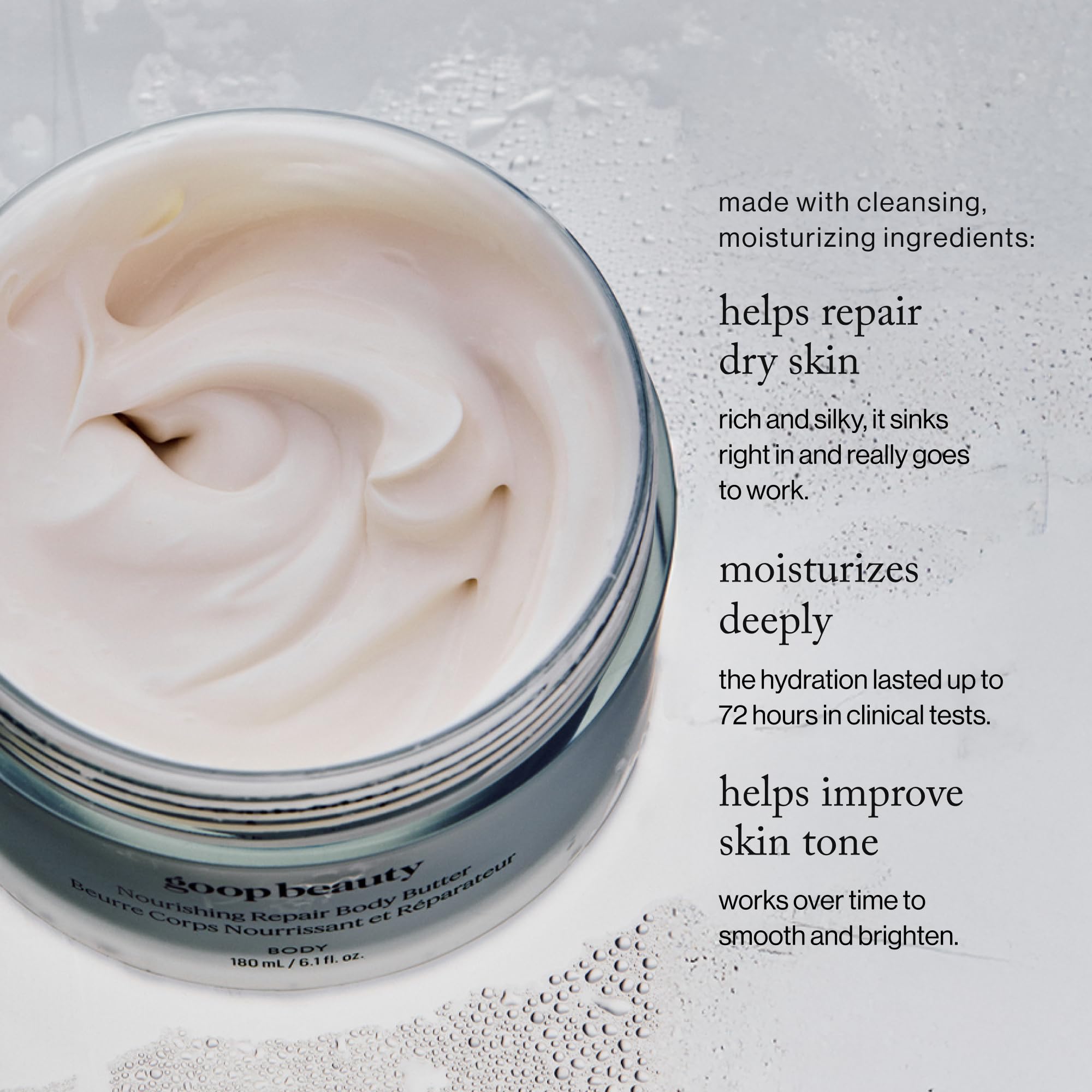 goop Beauty Body Butter closeup highlights creamy texture for dry skin