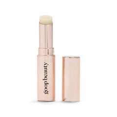 goop Beauty Clean Lip Balm tube closeup shows creamy texture and long-lasting hydration.