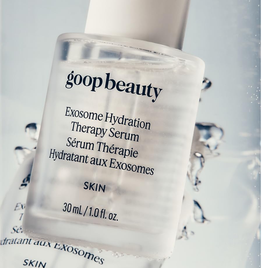 goop Beauty Exosome Hydration Therapy Serum droplets on hand illustrating quick absorption and plump look