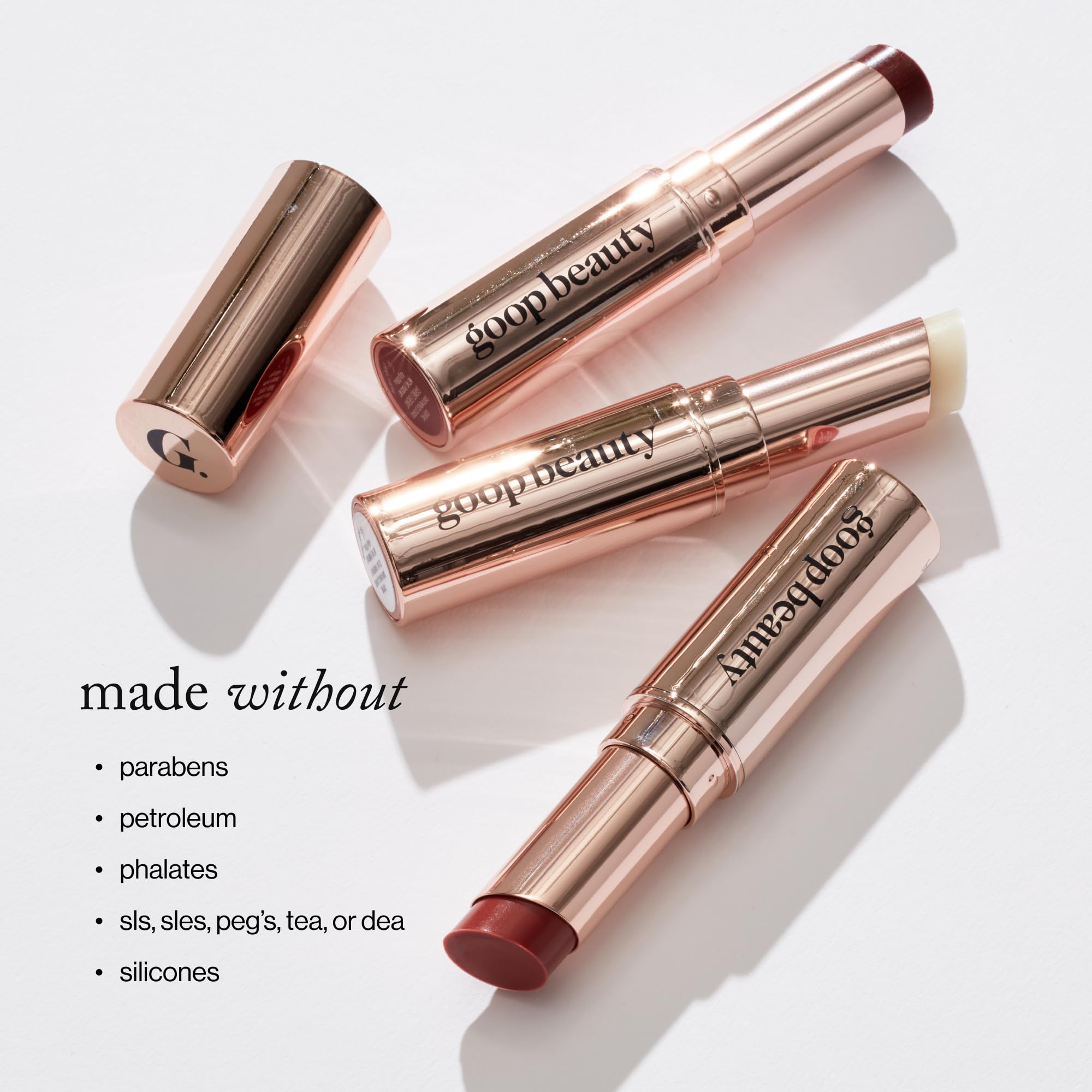 Goop Beauty Lip Balm Trio rose swatch reveals sheer rosy color on lips.