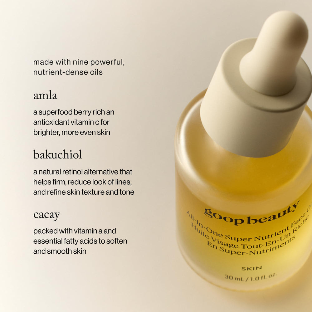Goop Beauty Nutrient Face Oil bakuchiol ingredient close-up signals a retinol-alternative boost.