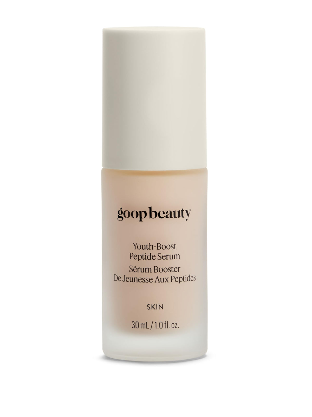 Goop Beauty Peptide Serum bottle closeup showcases hydrating texture for smoother, more radiant skin.