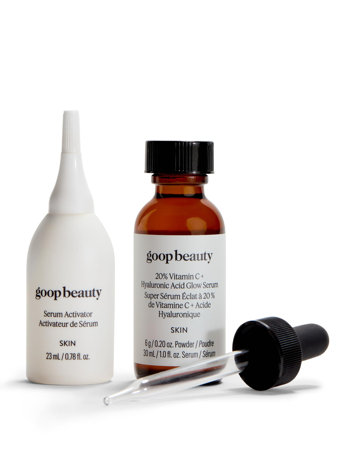Goop Beauty vitamin C serum bottle closeup shows brightening potential.