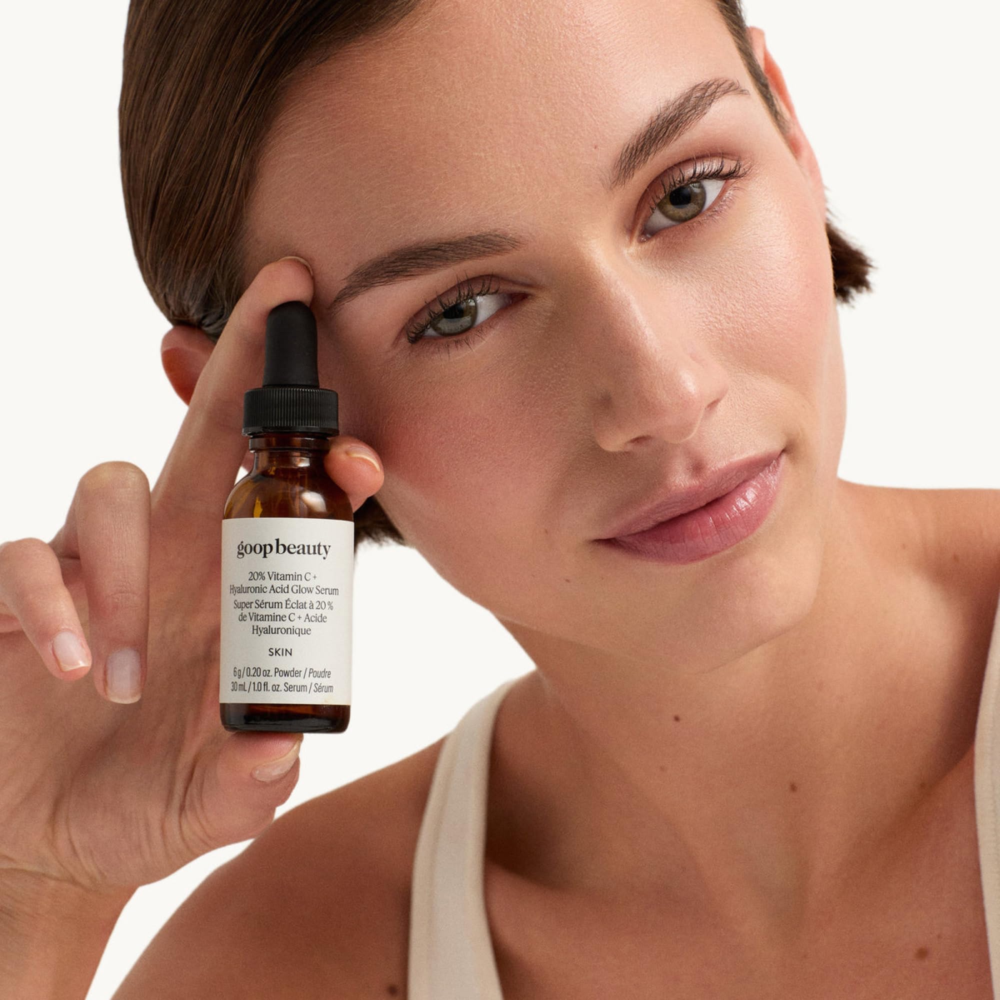 Goop Hyaluronic Acid Serum texture closeup highlights hydrating feel.