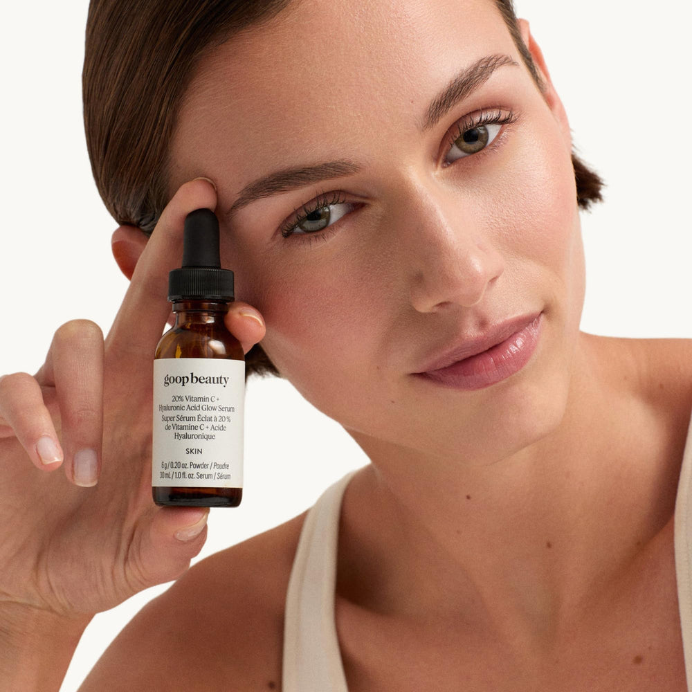 Goop Hyaluronic Acid Serum texture closeup highlights hydrating feel.
