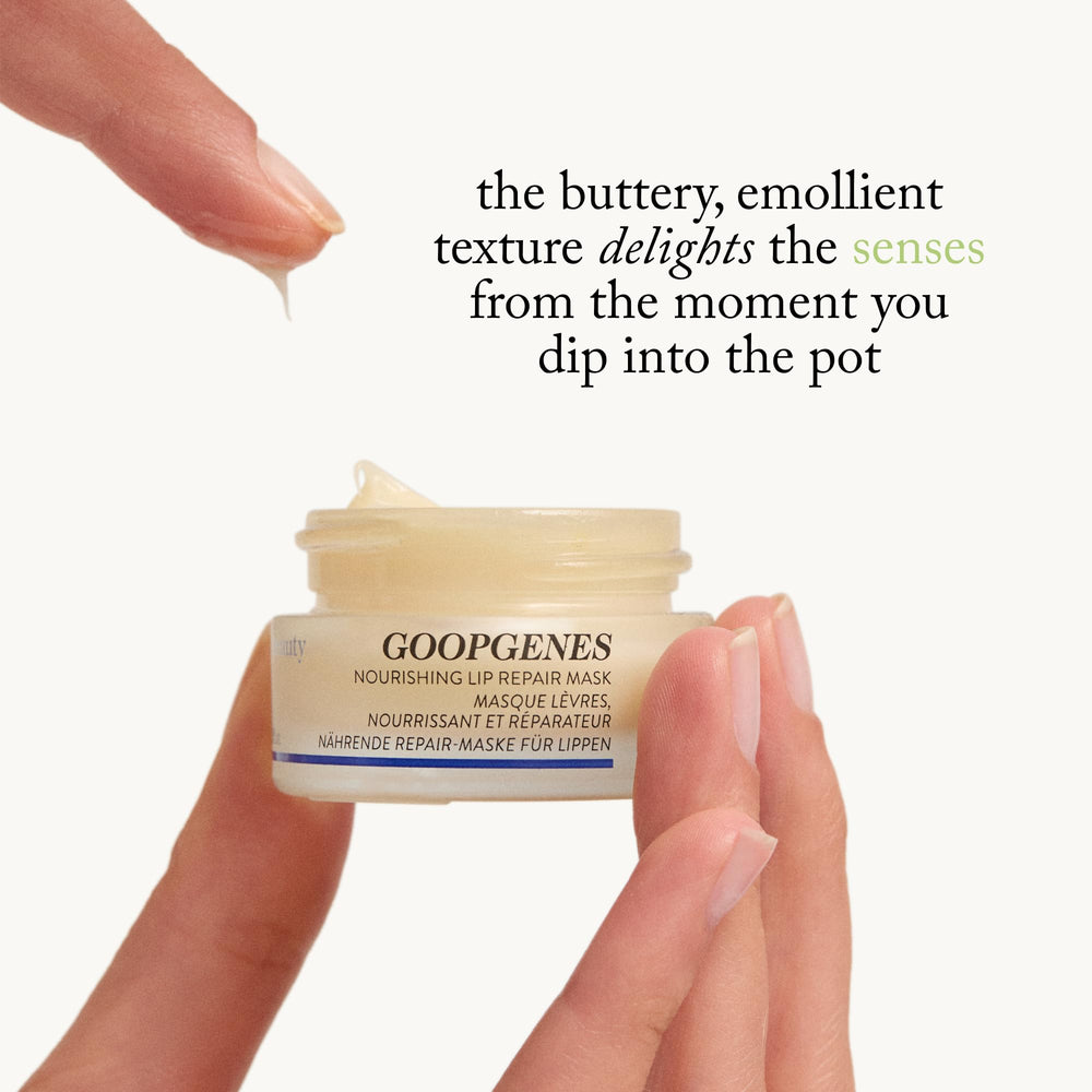 Goop Nourishing Lip Repair Mask fig-seed oil and ceramides detail supports moisture retention and barrier health.