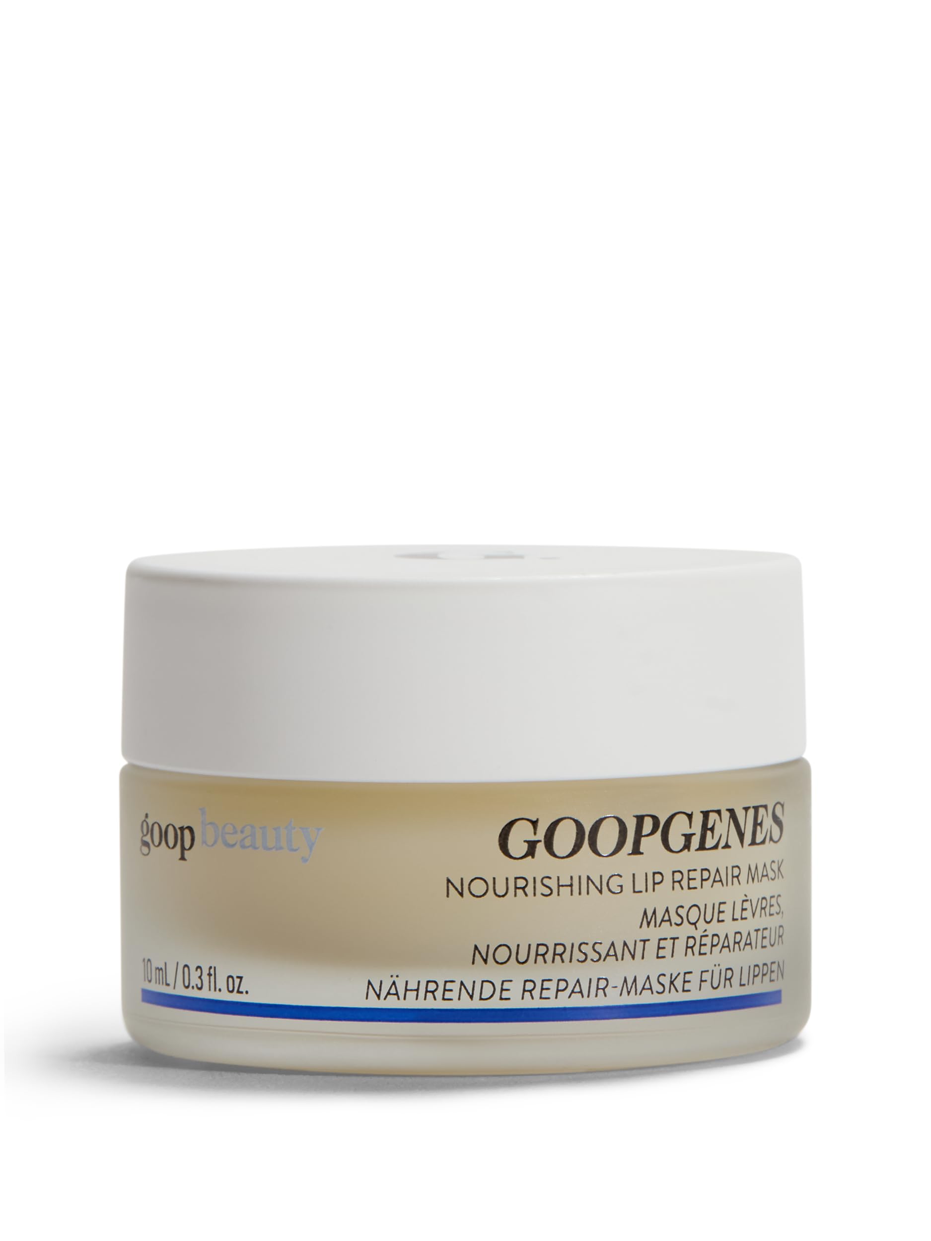 Goop Nourishing Lip Repair Mask jar closeup showing rich texture for instant hydration.