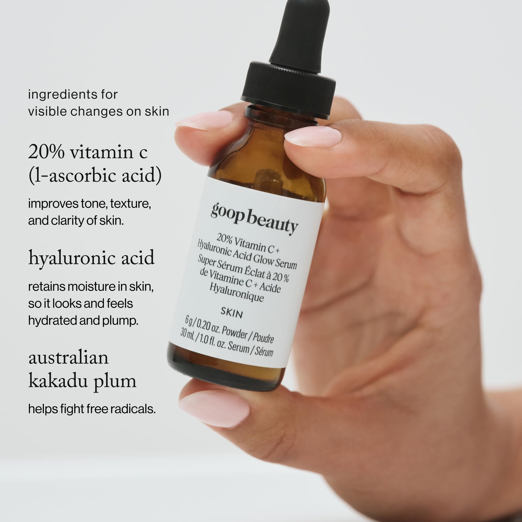 Goop Vitamin C Serum applied to the face for radiant look.