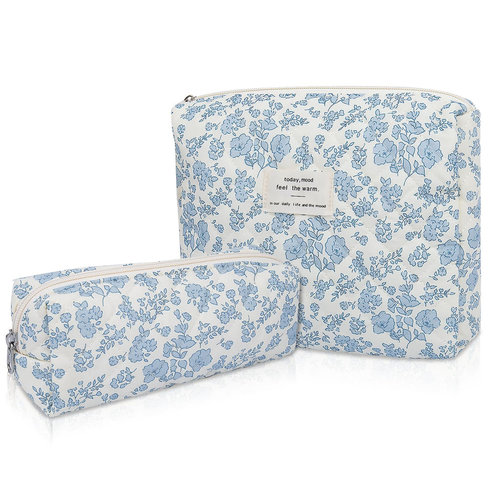 Gosect 2pc makeup bag set blue floral front shows large capacity for travel cosmetics.