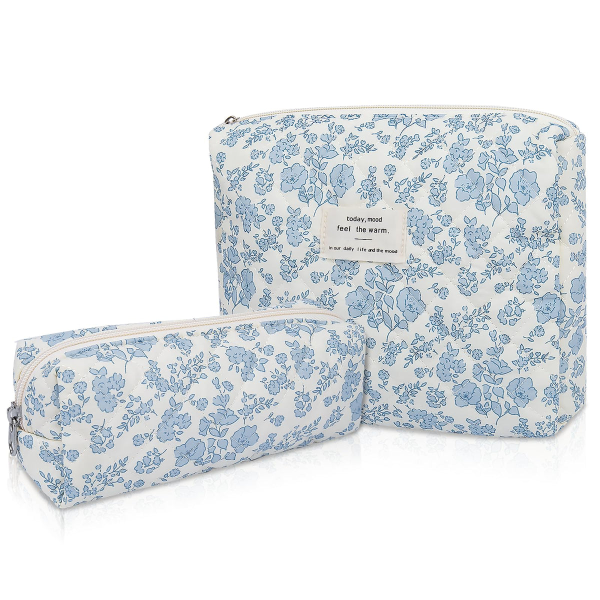 Gosect 2pc makeup bag set blue floral front shows large capacity for travel cosmetics.