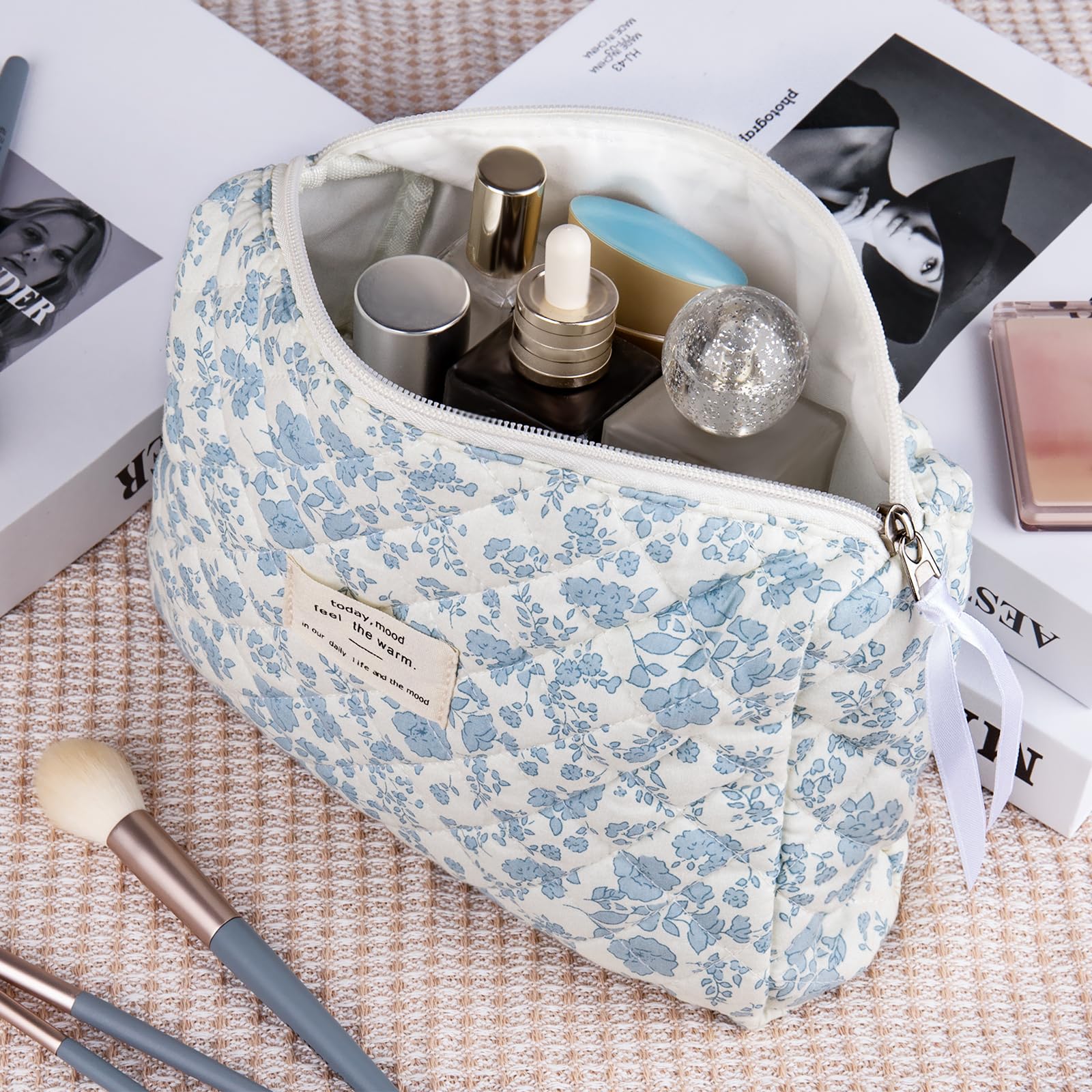 Gosect 2pc makeup bag set blue floral side demonstrates compact daily-use pouch.