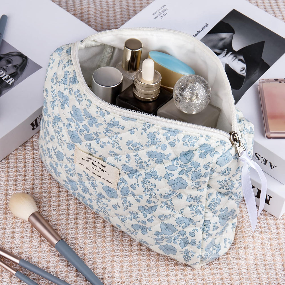 Gosect 2pc makeup bag set blue floral side demonstrates compact daily-use pouch.