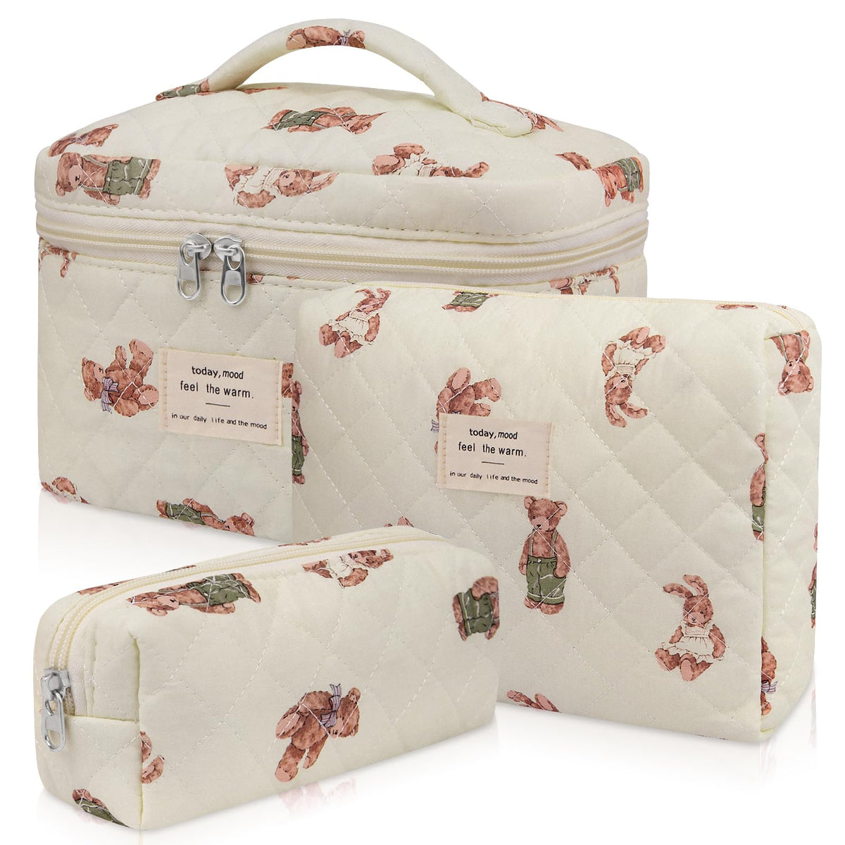 Gosect 3pc makeup bag set with floral quilting in White Bear design for travel organization.