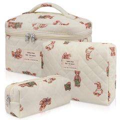 Gosect 3pc makeup bag set with floral quilting in White Bear design for travel organization.