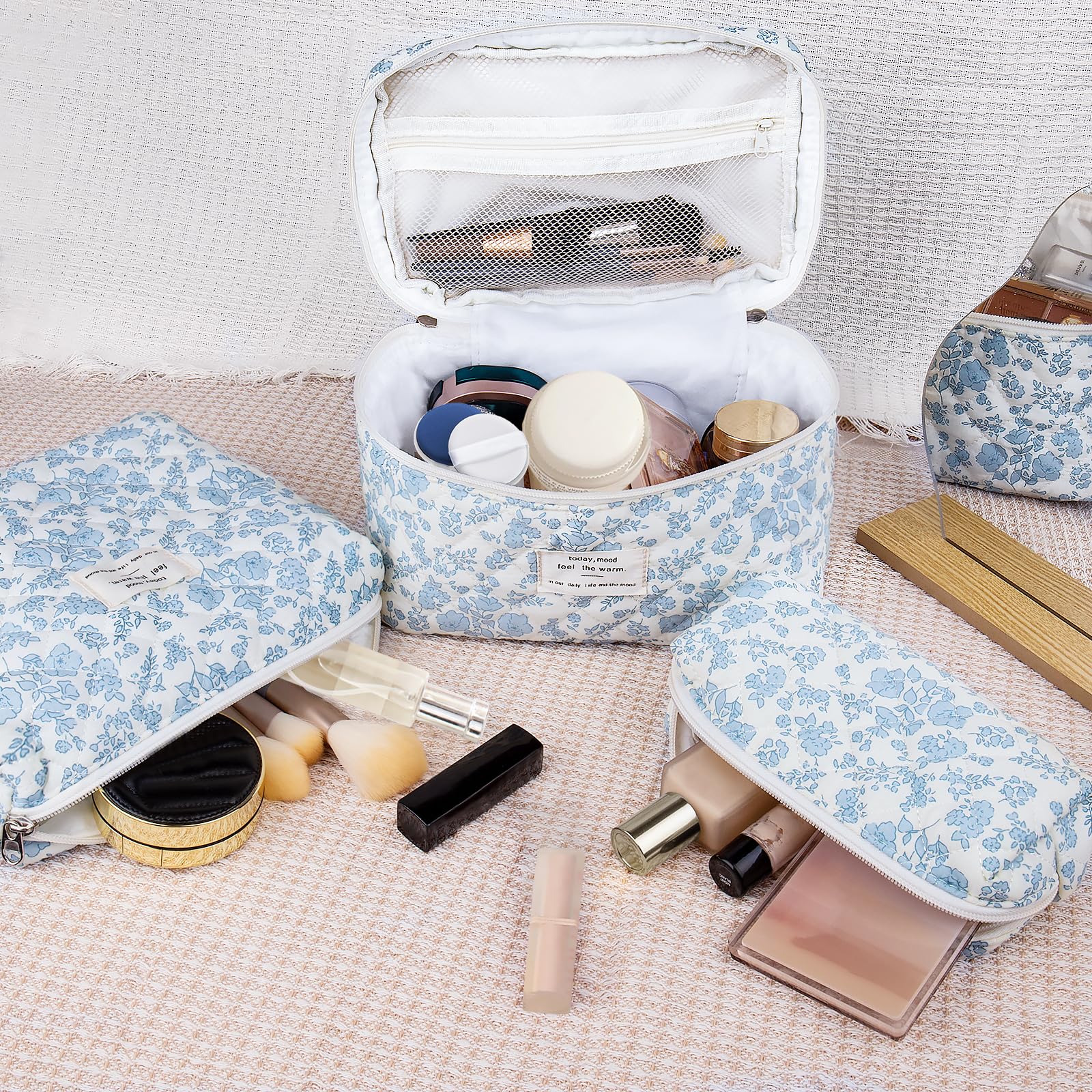 Gosect 3pc makeup bag set back view demonstrates durable quilting and easy-clean cotton material.