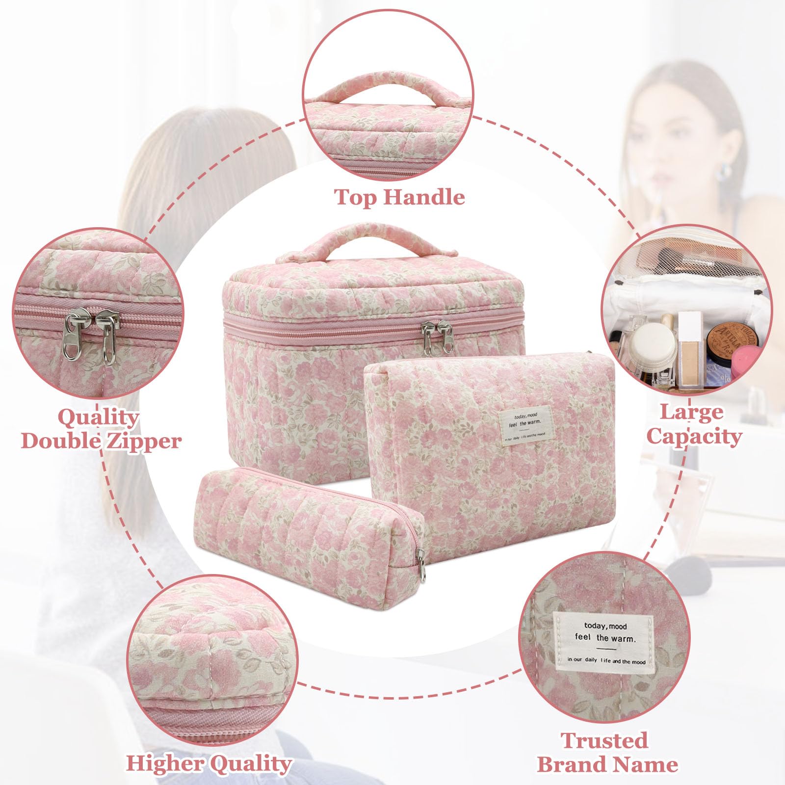 Gosect 3pc makeup bag set zipper-detail closeup emphasizes secure closure for travel.