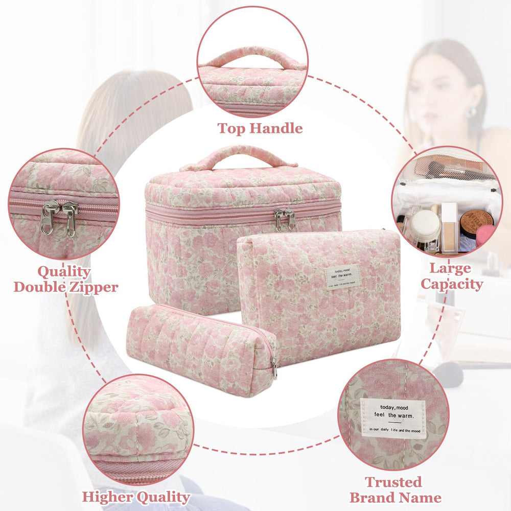 Gosect 3pc makeup bag set zipper-detail closeup emphasizes secure closure for travel.