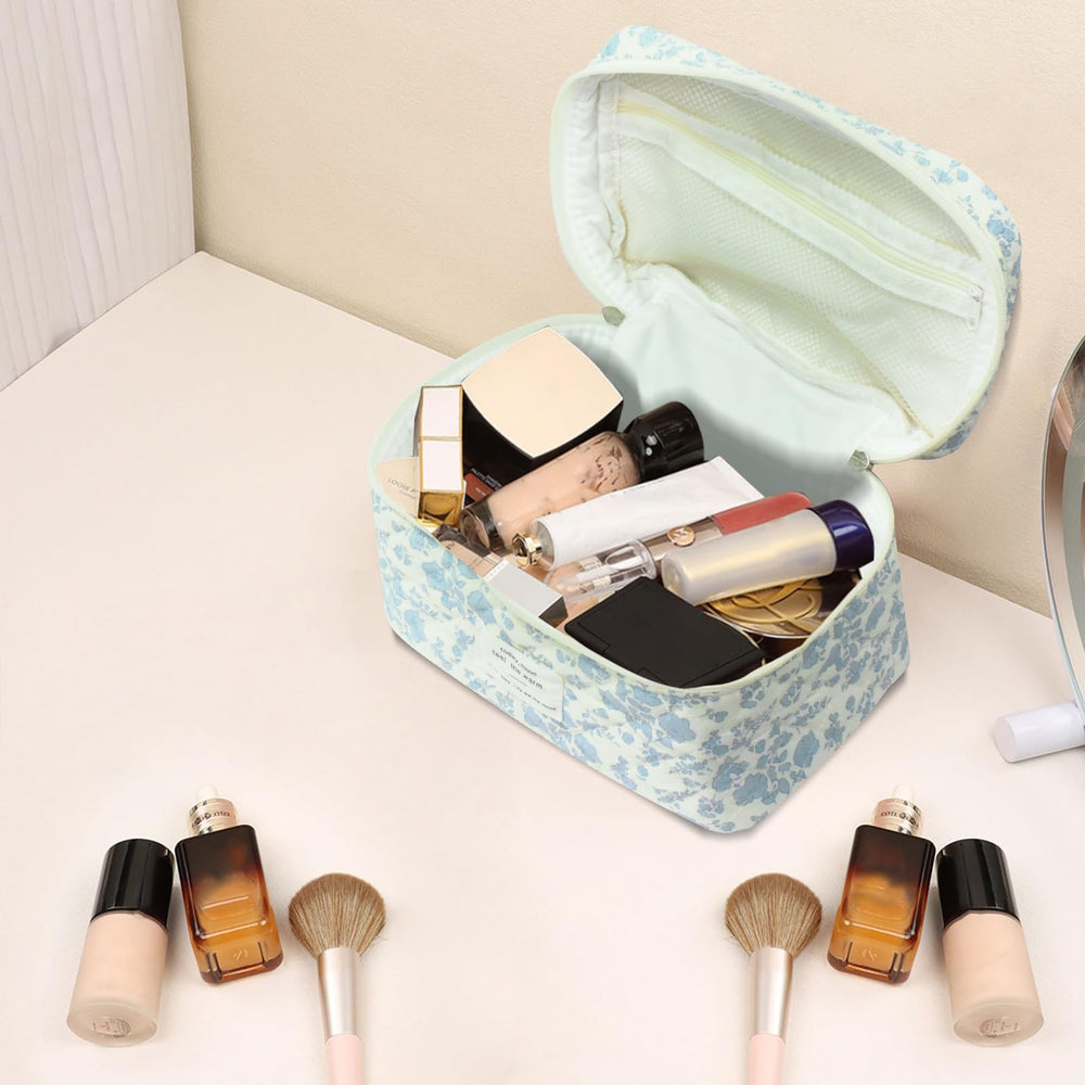 Gosect cotton travel makeup bag material close-up shows soft fabric and easy cleaning