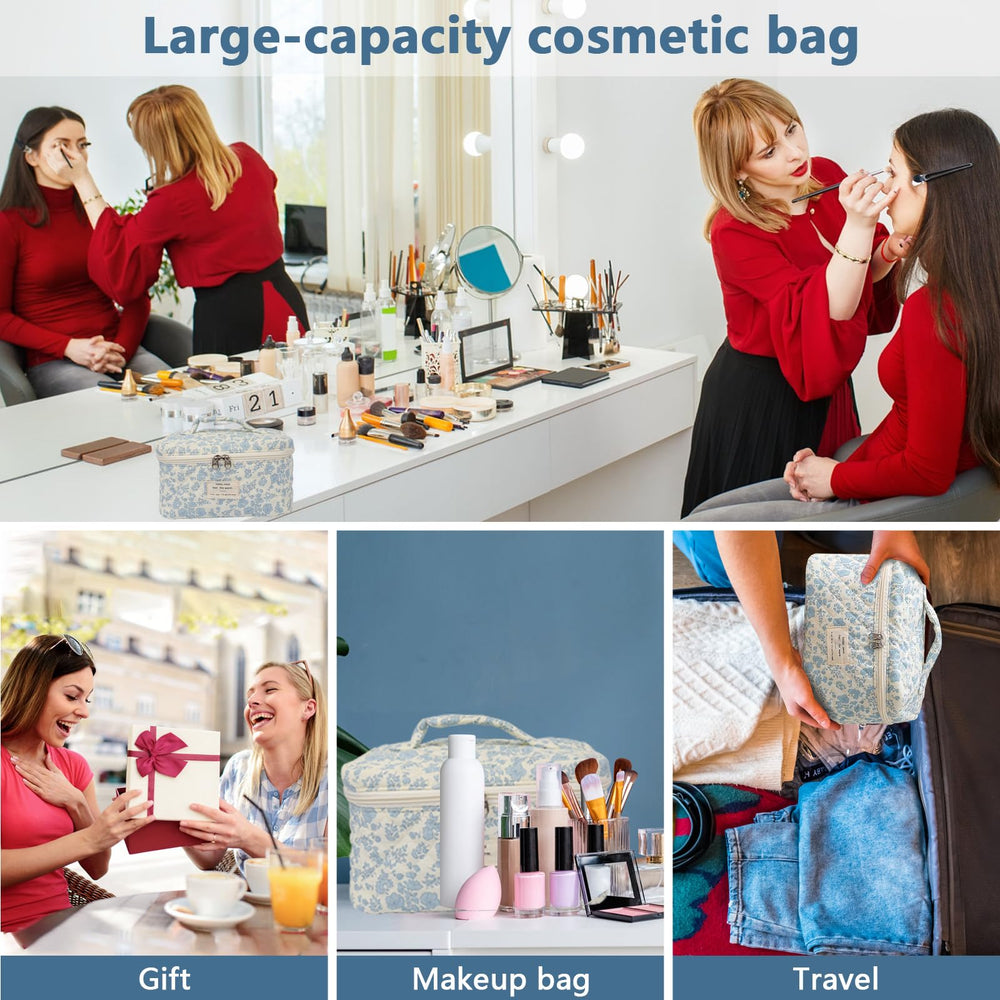 Gosect floral cotton makeup bag folded compact for easy packing