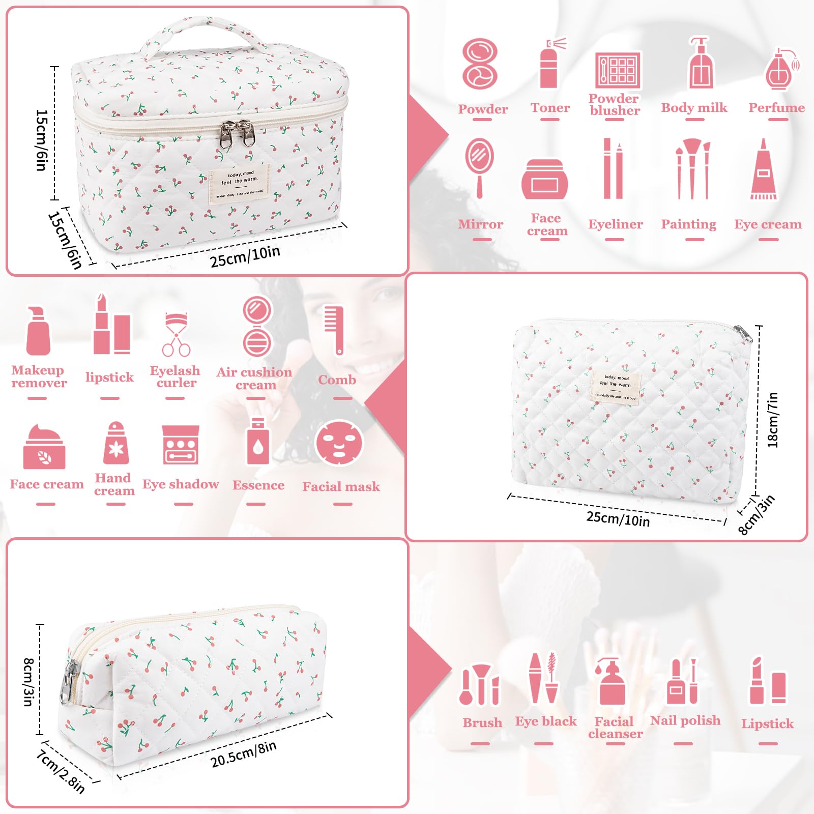 Gosect floral cotton makeup bag set, three sizes for versatile travel storage.