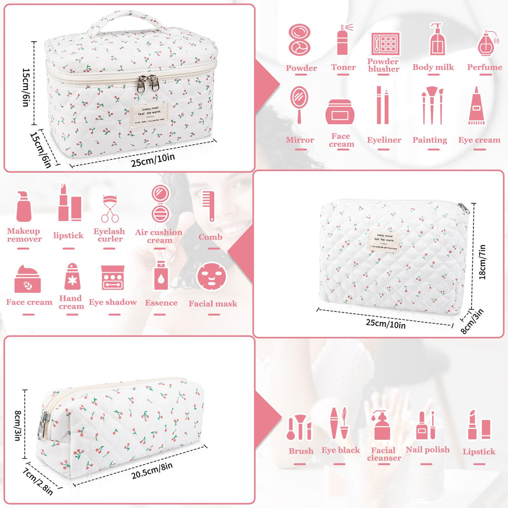 Gosect floral cotton makeup bag set, three sizes for versatile travel storage.