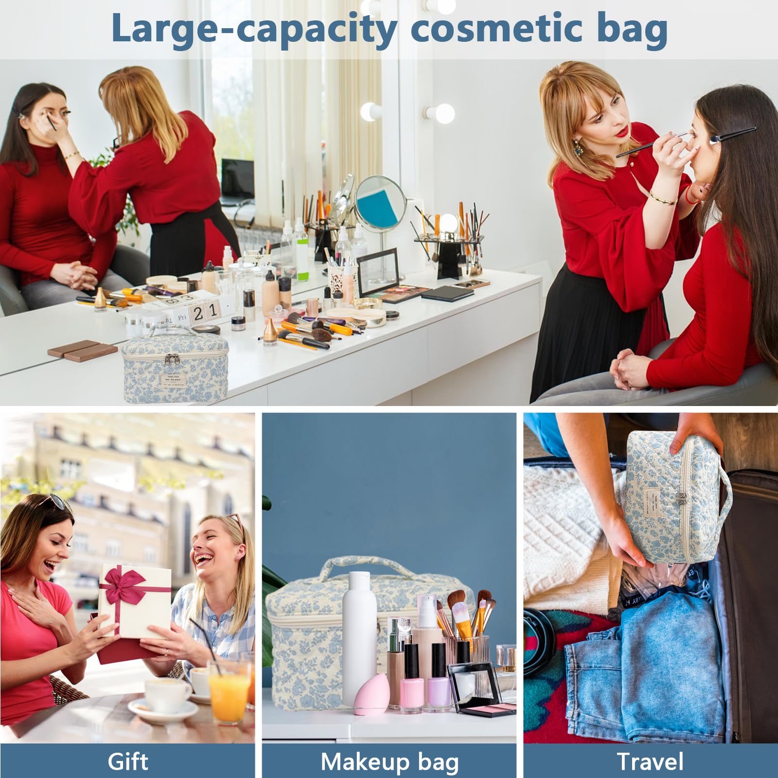 Gosect gift-ready cotton makeup bag blue rose makes a charming present