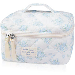 Gosect large travel quilted makeup bag with blue rose front view for spacious cosmetics storage