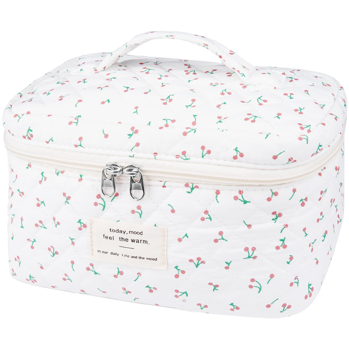Gosect large travel quilted makeup bag White Cherry front view highlighting floral pattern for stylish travel