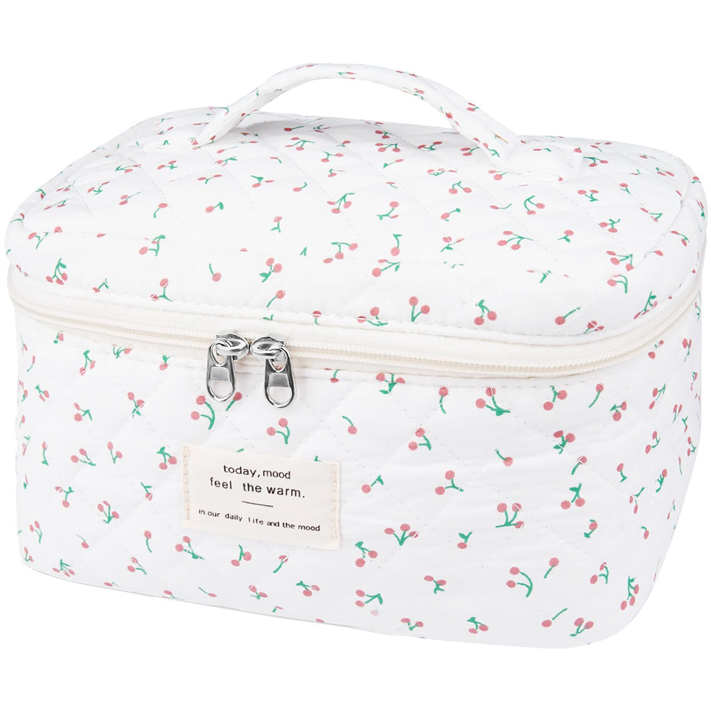 Gosect large travel quilted makeup bag White Cherry front view highlighting floral pattern for stylish travel
