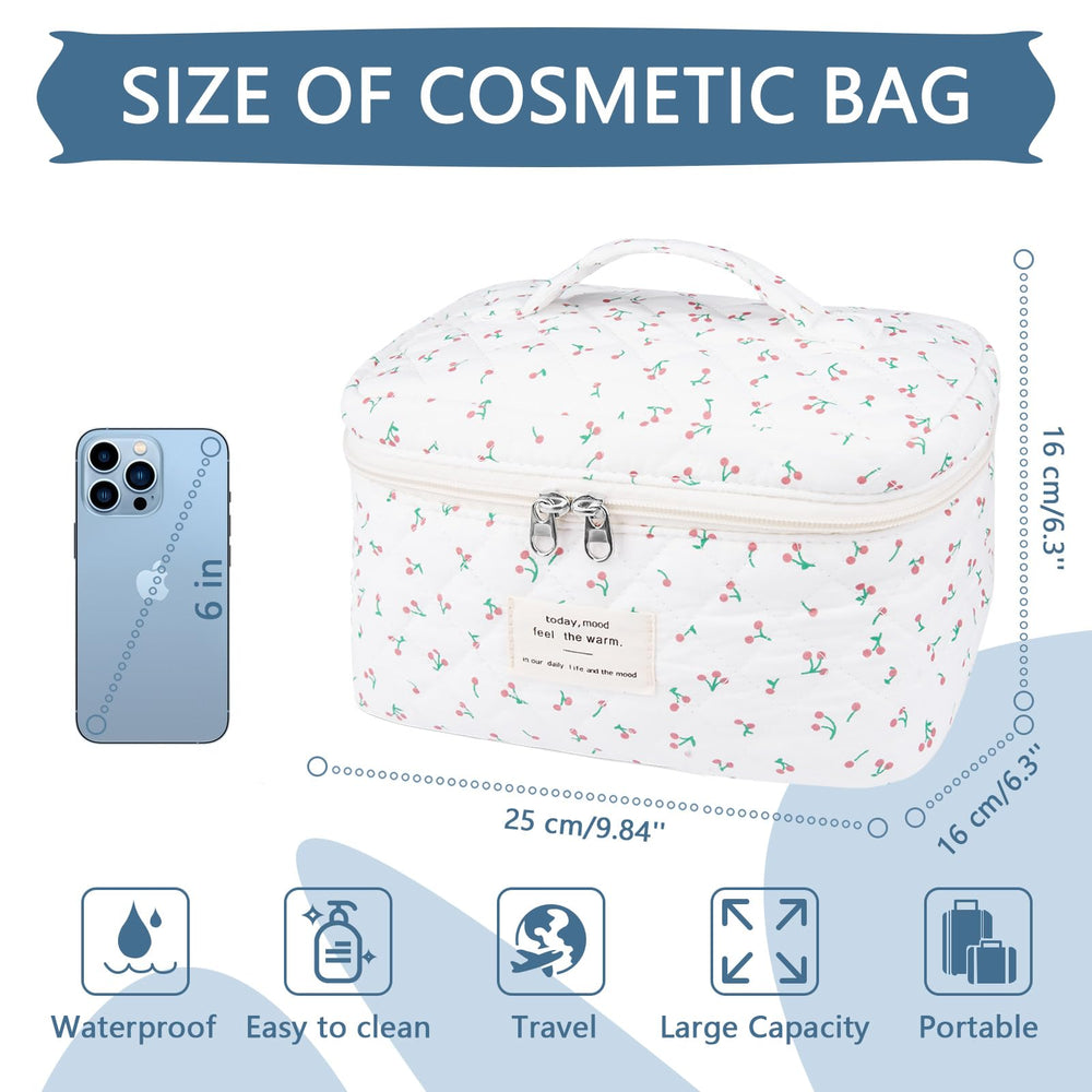 Gosect large travel quilted makeup bag White Cherry side view showing roomy interior