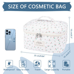Gosect large travel quilted makeup bag White Cherry side view showing roomy interior