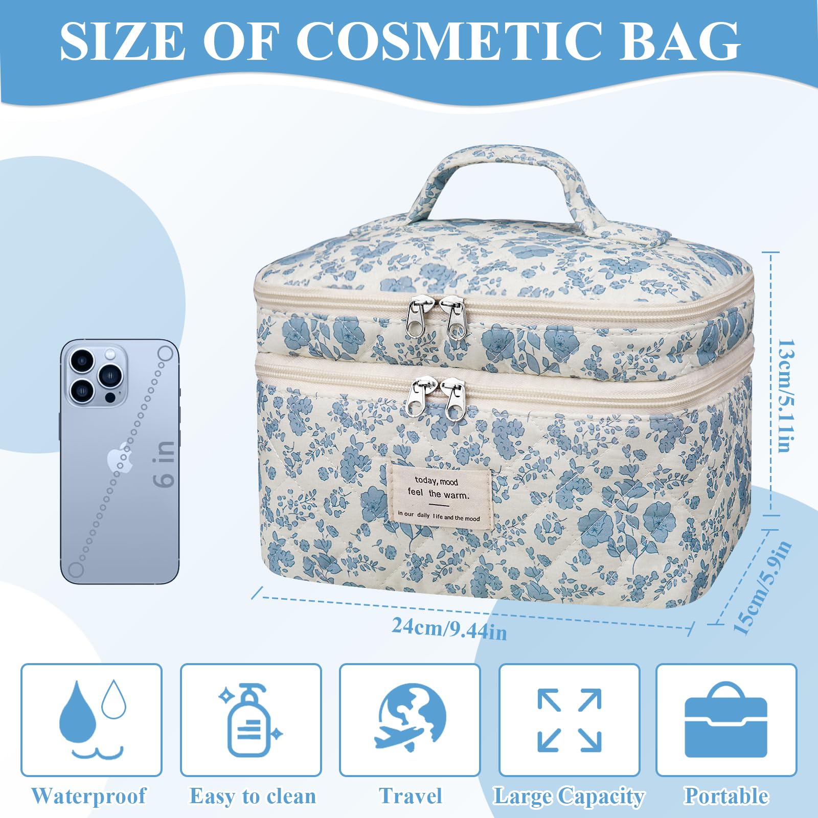 Gosect makeup bag large blue flowers inside bottom layer for larger toiletries