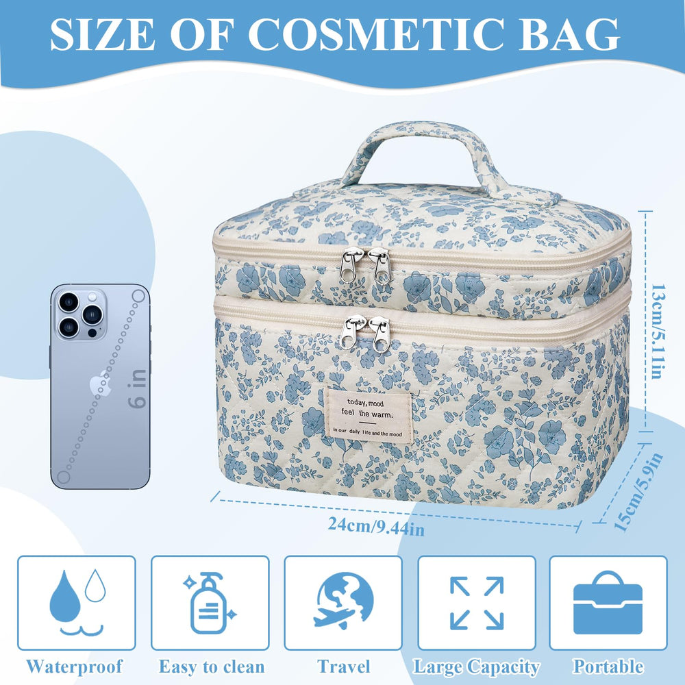 Gosect makeup bag large blue flowers inside bottom layer for larger toiletries