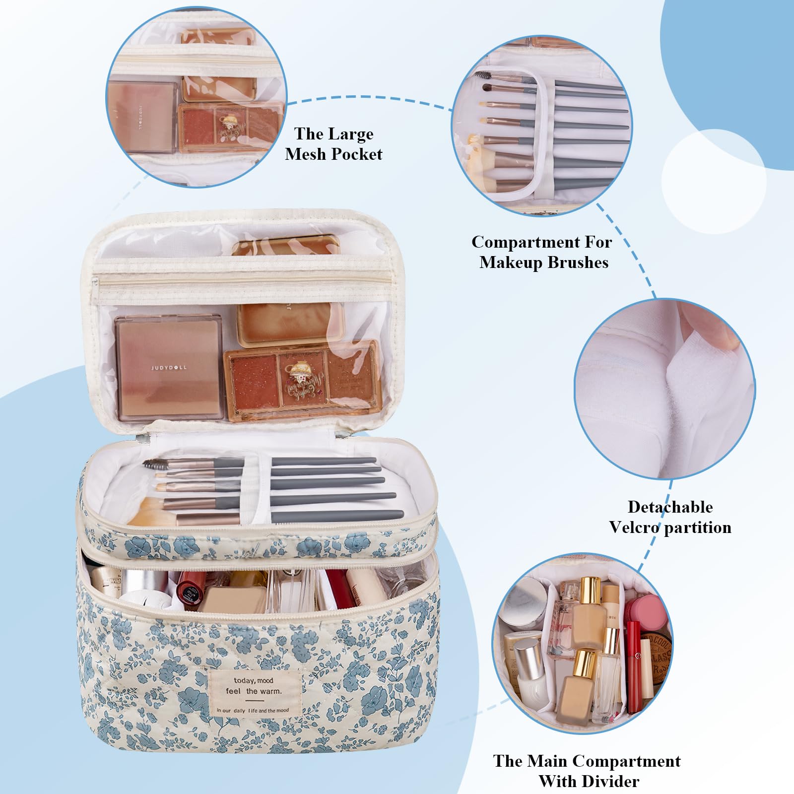 Gosect makeup bag large blue flowers open-top view highlighting multi-layer layout for easy access